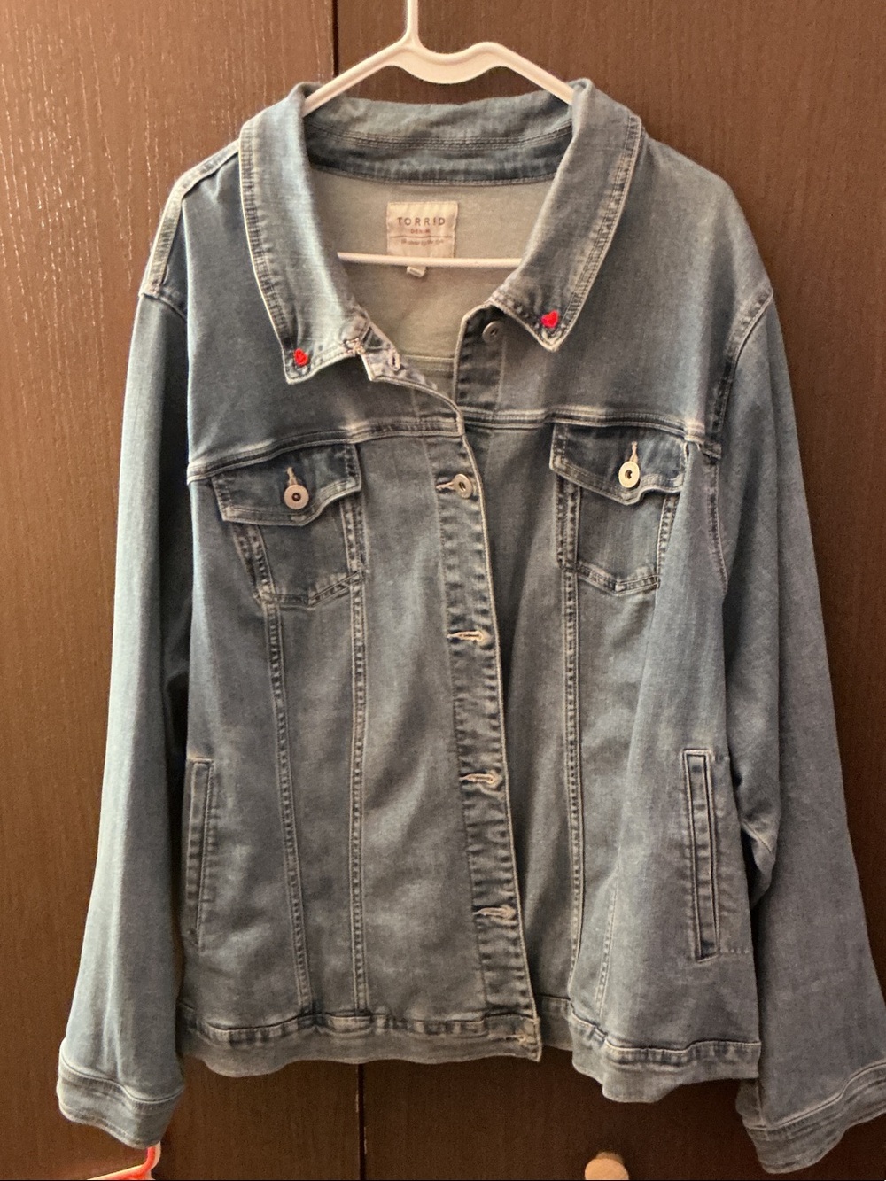 torrid Light Blue Washed Denim Jean Jacket with Subtle Distress